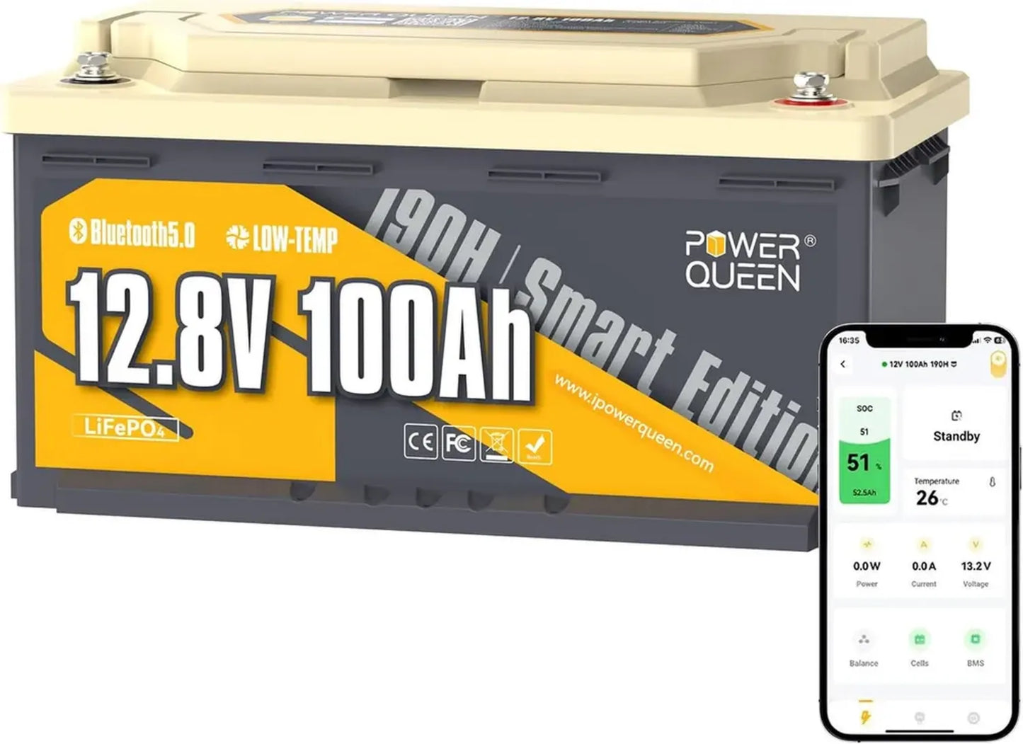 Batterie LiFePO4 12V 100Ah avec Bluetooth et Protection Température Négative pour Camping-Car