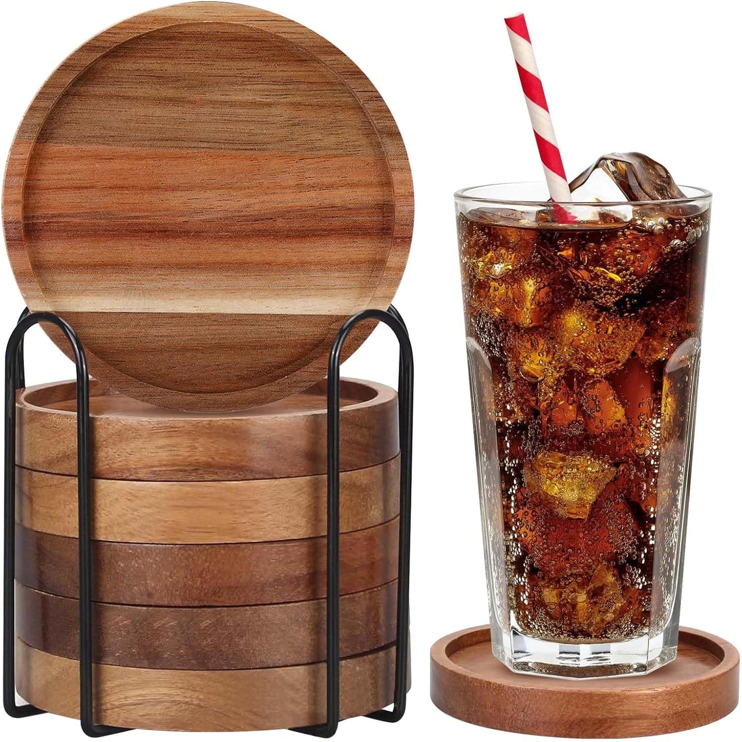 Set de dessous de verre avec support – réutilisable, en bois, Lot de 6, noir