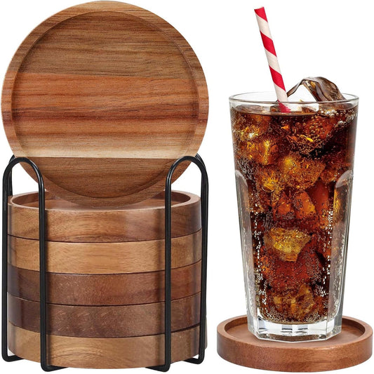 Set de dessous de verre avec support – réutilisable, en bois, Lot de 6, noir
