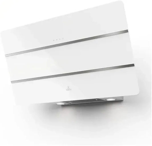 Hotte murale design 80 cm, verre blanc et inox, 4 vitesses, booster, aspiration périphérique, filtres aluminium et charbon, éclairage LED, classe énergétique A