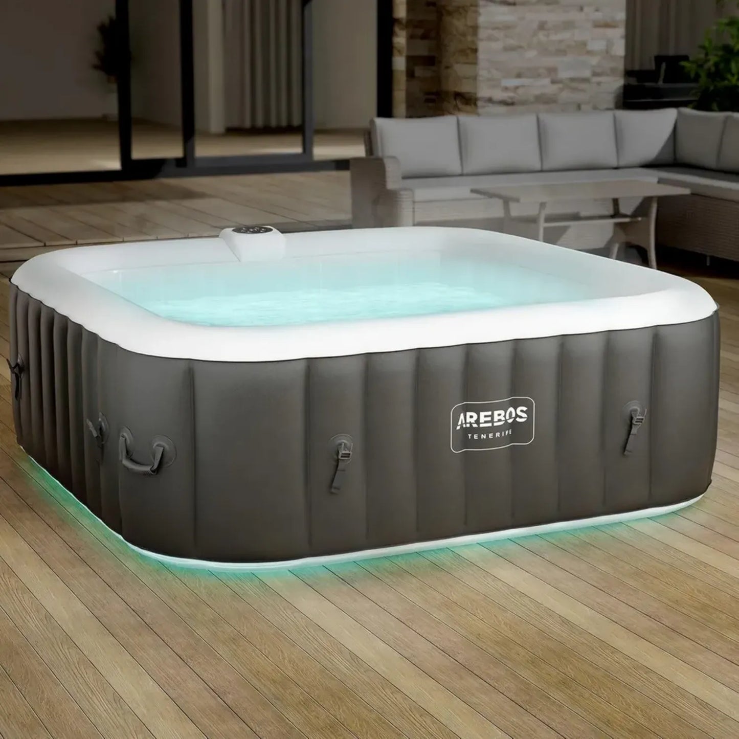 Spa Gonflable Arebos 6 Personnes avec LED et Jets de Massage, 185x185cm, 910L, Usage Intérieur et Extérieur